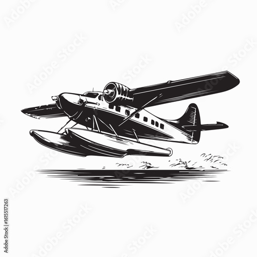 Black and White Vector Illustration of Sea Plane Flying Over Ocean Waves in Vintage Style