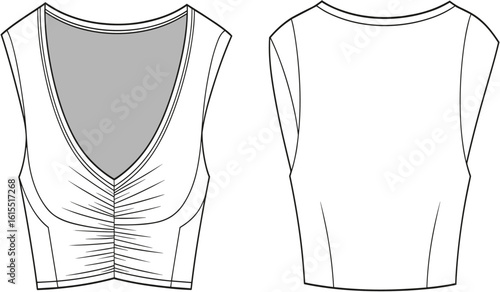 Fashion design, sleeveless top, V-neckline, ruched front, flat sketch, vector illustration, apparel template, CAD drawing, stylish blouse, women's wear**