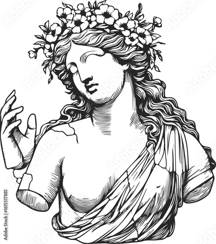 Classical statue of a woman adorned with flowers and draped fabric  
