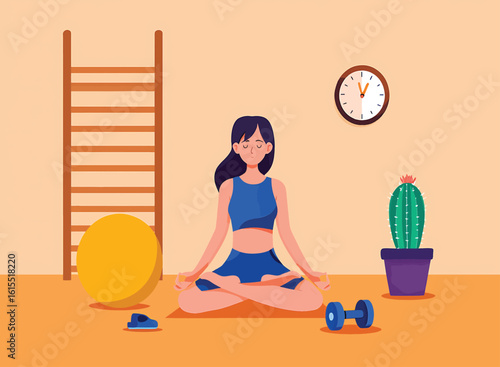 Group of women in a gym doing strength training and yoga. Vector art