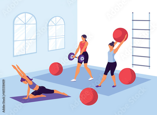 Women Exercising in a Gym with Exercise Equipment and Balls