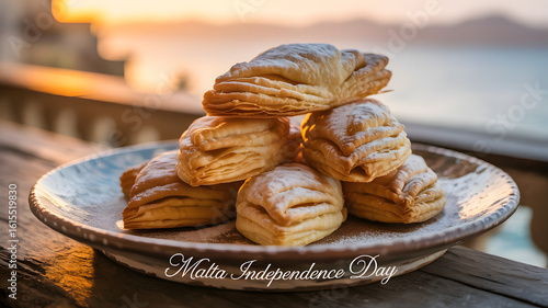 Golden honey-glazed pastizzi on ceramic plate, powdered sugar dusting, flaky layers in warm sunset light.