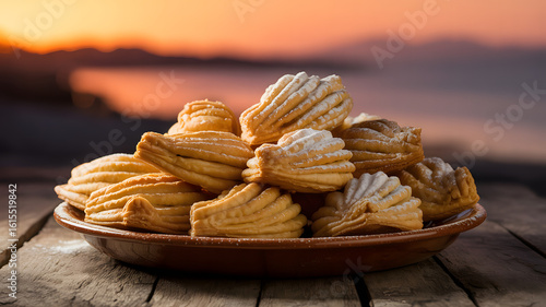 Golden honey-glazed pastizzi on ceramic plate, powdered sugar dusting, flaky layers in warm sunset light.