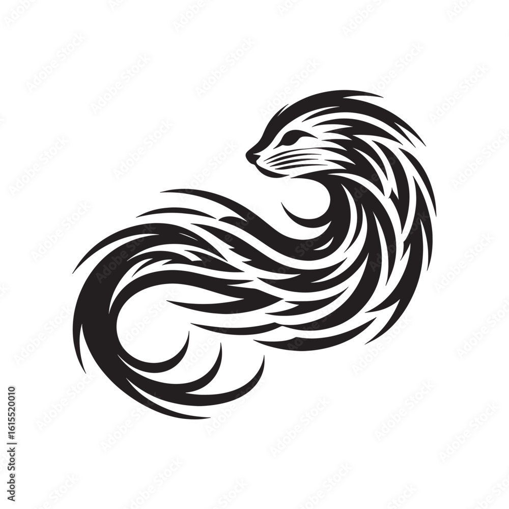 Fototapeta premium Tribal American Mink Silhouette with Decorative Swirls Curved Lines and Patterned Cutouts in Clean Black Vector Isolated on White