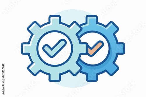 two overlapping gears checkmark badge mechanical icon