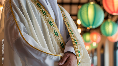 White thobe with green and gold embroidery, soft light highlighting textures amid festive lanterns.