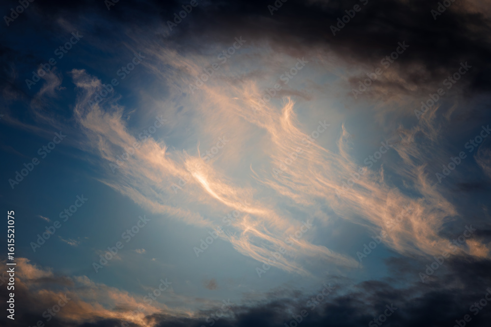 Fototapeta premium There are orange feather clouds among the dark clouds.