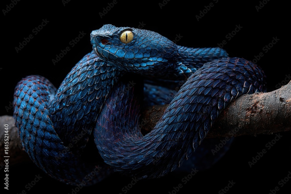Fototapeta premium Striking blue pit viper with intense yellow eyes on a branch