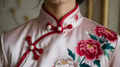 Fototapeta Naklejka Na Ścianę i Meble -  Elegant crimson qipao collar adorned with pearl buttons and embroidered peonies, set against a muted beige background.
