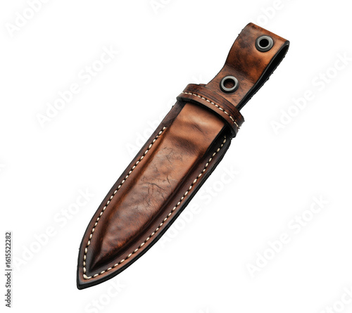 Close up of a brown leather sheath for a hunting knife on a transparent background