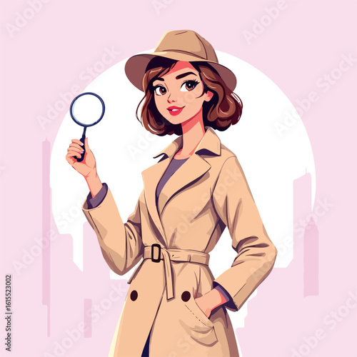 Vsai stylish detective woman holding magnifying glass