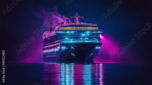 Illuminated cruise ship at night, vibrant neon colors on dark water