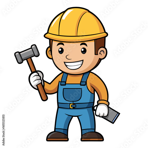 Construction Worker Cartoon Character Holding Hammer Smiling Flat Style Illustration