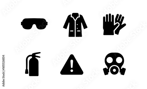 Safety equipment icons: goggles, coat, gloves, extinguisher, warning, gas mask in silhouette style