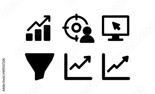 Business growth icons: trends, analytics, and targeting elements set