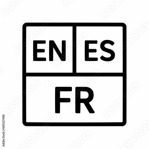 Language Selection Menu. Grid with 'EN', 'ES', and 'FR' boxes. Represents multilingual settings