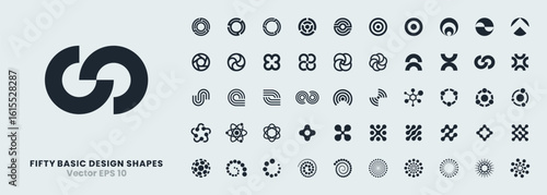 A set of 50 abstract vector icons based on circular shapes. Lines, spirals, and radial patterns. Includes geometric elements, round symbols designs for use in logos, graphics, and technology concepts.