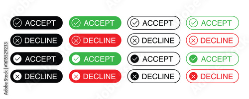 Accept and decline buttons with checkmark and cross icons. Yes and no web interface choice symbol vector illustration isolated on white background