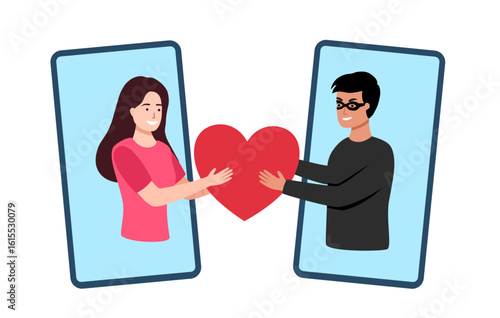 Man communicates with woman on dating site in order to deceive her and take advantage of trust. Romantic smartphone app. Cyber scam. Lovers mobile chat. Fake romance