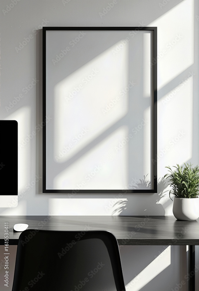 Fototapeta premium Modern and minimalist interior with a blank vertical poster mockup, a thin black frame standing on a white surface next to a plant, bathed in natural light. 