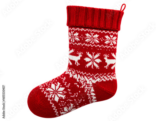  Knitted Christmas Stocking with Nordic Patterns, Side Angle, Transparent Background  (2)