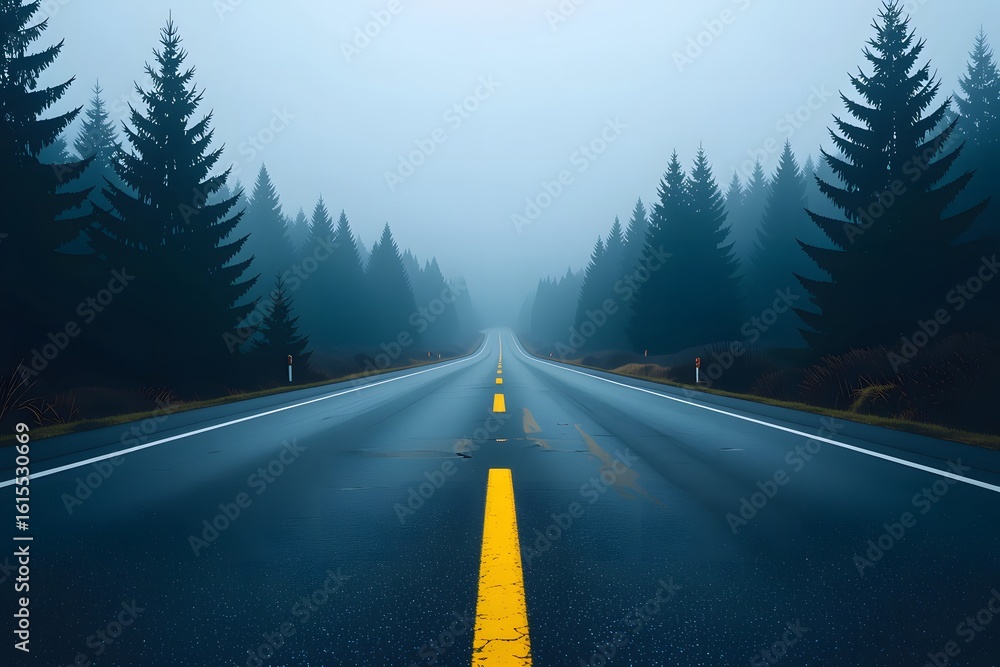 Fototapeta premium Empty asphalt road through foggy pine forest highway