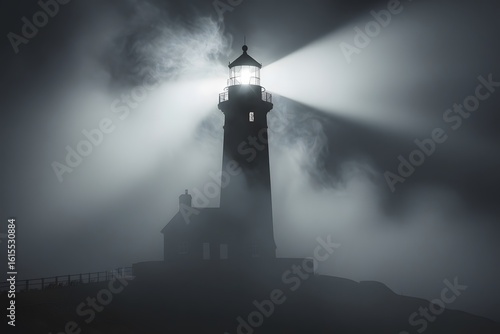 Wallpaper Mural Lighthouse beam cutting through dense fog at night Torontodigital.ca