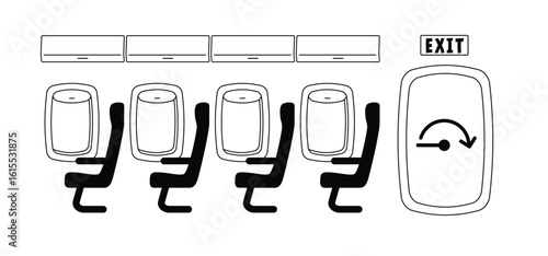 Airplane chair or air plaine seats and door. Airplane, aircraft window. Passengers in aeroplane windows. Aeroplane for sitting on passenge. Plane interior with aisle, reclining seats and portholes.