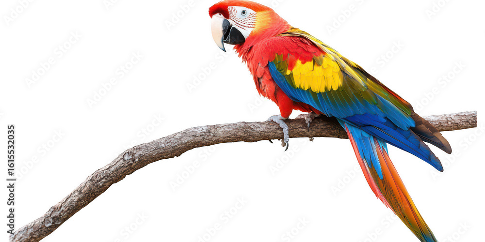 Obraz premium Colorful macaw perched on branch on transparent png background