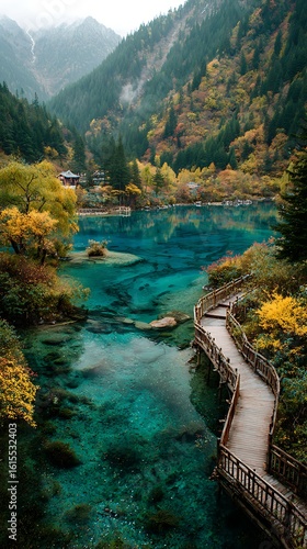 Turquoise Lake with Wooden Walkway in Jiuzhaigou Valley National Park, Sichuan, China