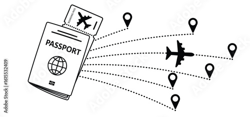  vacation holiday, passport, boarding pass. Airline tickets to fly. Airplane ticket. Boarding pass ticket. Flight ticket. Plane, flight route with start point. Aircraft pointer. Passenger to departure