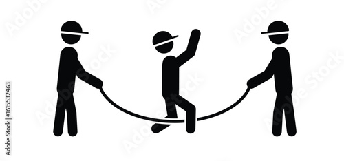 Cartoon jumping rope. stick figure man jumping around a rope. Happy kids play jump rope. Kid and skipping rope. Cardio workout, kids game or sports activity. Boys and girls jumping on ropes.