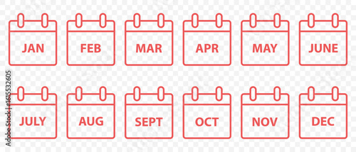 Monthly Calendar Date Icon Set – January to December on Transparent Background . Eps 10.