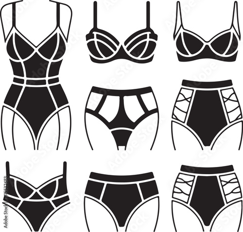 Modern, lingerie, set, icon, silhouette, vector, black, isolated, illustration, design, fashion, underwear, minimalist, cutout