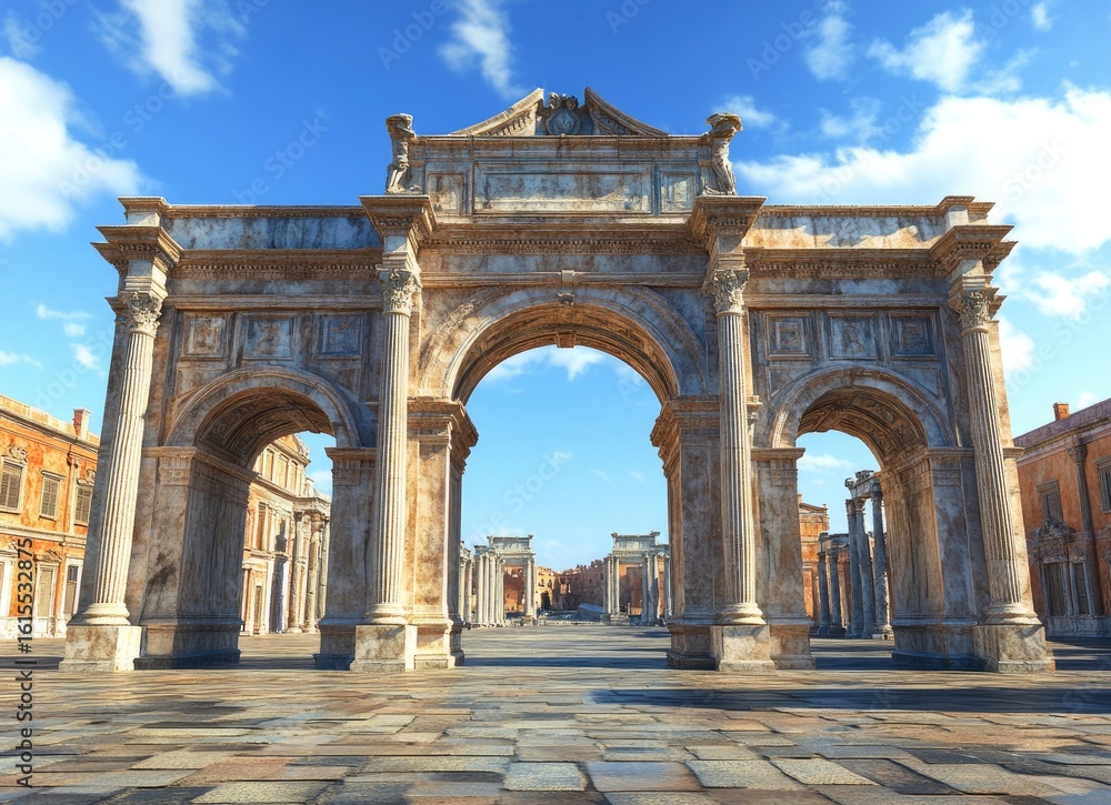 Fototapeta premium Ancient Roman archway leading to a plaza with classical architecture.