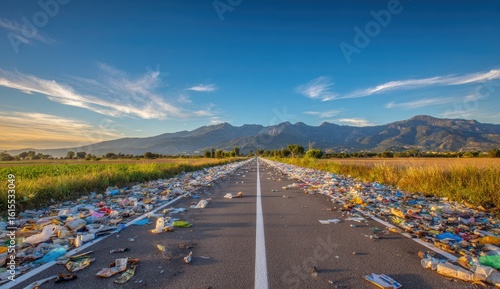 Litter-strewn road stretches into distant mountains
