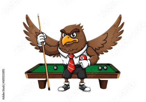 Cartoon Illustration Eagle Playing Pool with Cue and Balls on Green Table