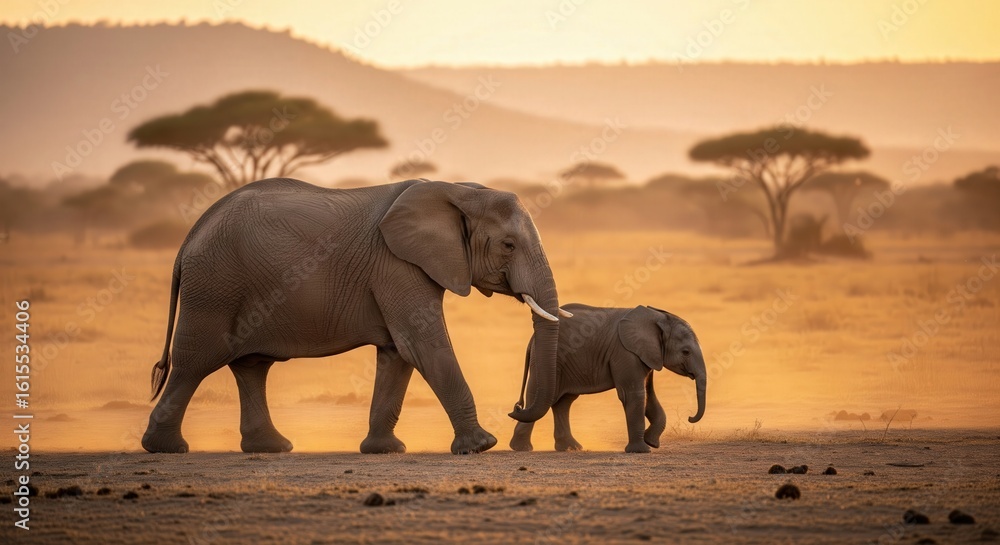Fototapeta premium Mother and Baby Elephant in Sunset – Emotional Wildlife Wallpaper HD for Desktop