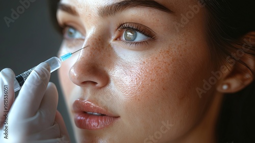 Beautiful woman receives non-surgical cosmetic nose job for natural beauty enhancement now