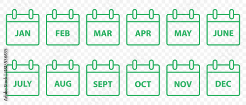 Monthly Calendar Date Icon Set – January to December on Transparent Background . Eps 10.