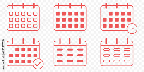 Minimal Vector Calendar Icons Pack – UI Elements for Scheduling and Planning in red color on Transparent Background. EPS 10.