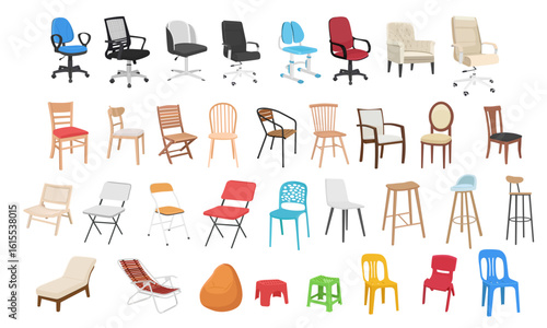 Chair vector set in flat cartoon style. Different types of chair, office, dinning, folding, lounge, beanbag, plastic chair, stool, armchair. Home furniture, outdoor and interior furniture clipart.