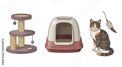 Illustrated cat accessories arrangement featuring scratching post, litter box, cat