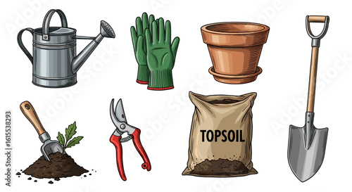 Garden tools still life illustration for cultivating and planting