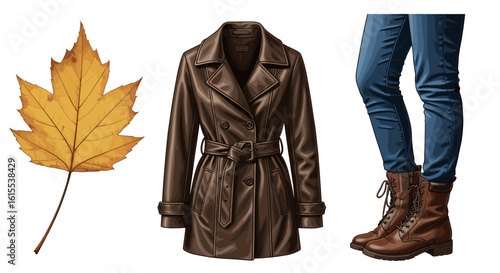 Autumn fashion ensemble: Leather coat, blue jeans, and golden maple leaf