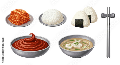 Delicious traditional Korean cuisine: kimchi, rice, gochujang, soup, and onigiri