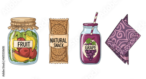Fresh fruit jar, granola bar, grape juice, and purple napkin