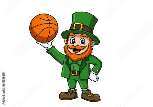 Cartoon Leprechaun Holding Basketball Illustration On Black Background