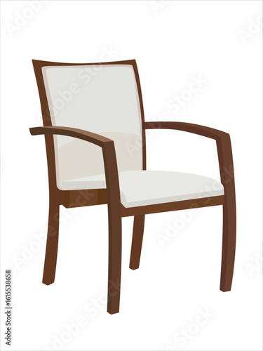 Upholstered chair with arms, wooden chair with white padded seat and backrest. Living room chair, wooden chair clipart. Household furniture clipart in flat cartoon style, isolated on white background.