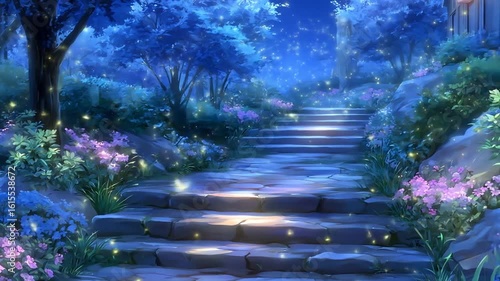 Blue Hued Fantasy Forest Scene With Stone Pathway Stairs Surrounded By Blooming Flowers And Glowing Lights